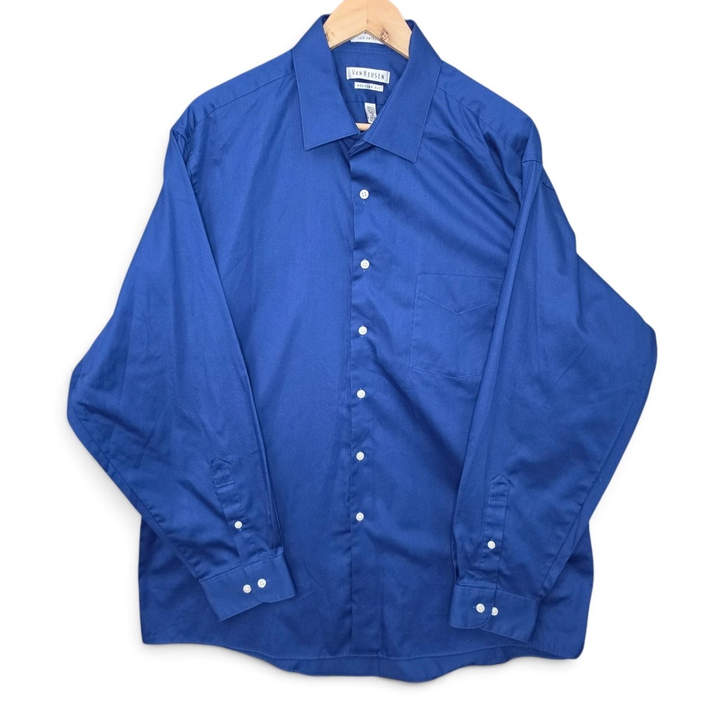 Van Heusen Dress Shirt Mens 18 34/35 Regular Fit Blue Lux Sateen Long Sleeve